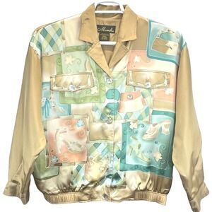Vintage Mureli Silk Bomber Jacket S Gold Retro Art to Wear Print Button Down